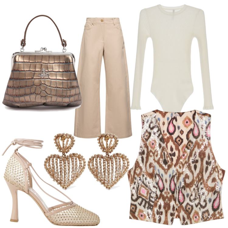 Outfit donna - Total look #2118125. Abbinamento con body, décolleté, orecchini, jeans, borse a mano, gilet.