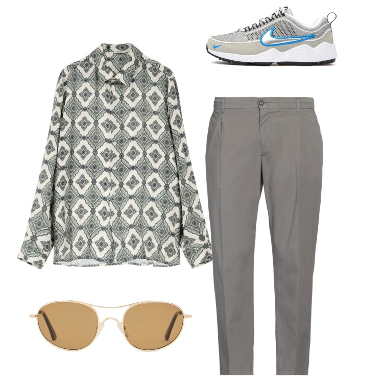 Outfit uomo - Total look. Stile Casual per Tutti i giorni. Abbinamento con pantaloni chino, camicie, sneakers, occhiali da sole.