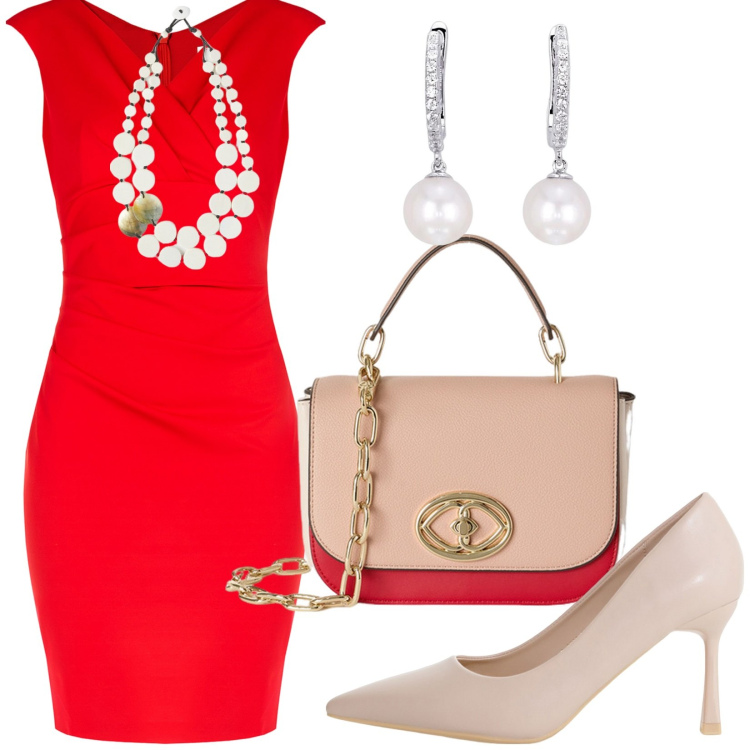 Outfit donna - Il vestito rosso. Stile Bon Ton per Cerimonia. Abbinamento con vestiti a tubino, orecchini, décolleté, ciondoli, borse a tracolla.
