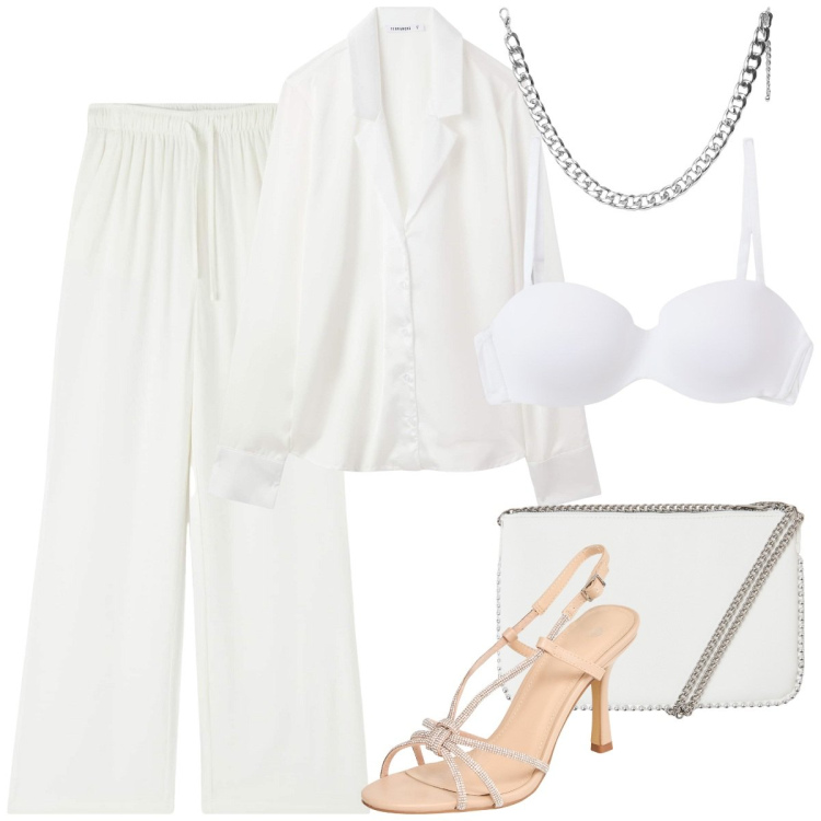 Outfit donna - Terranova - vacanze italiane. Stile Casual chic per Serata fuori. Abbinamento con bluse, pantaloni, collane, reggiseni, sandali col tacco, borse a tracolla.