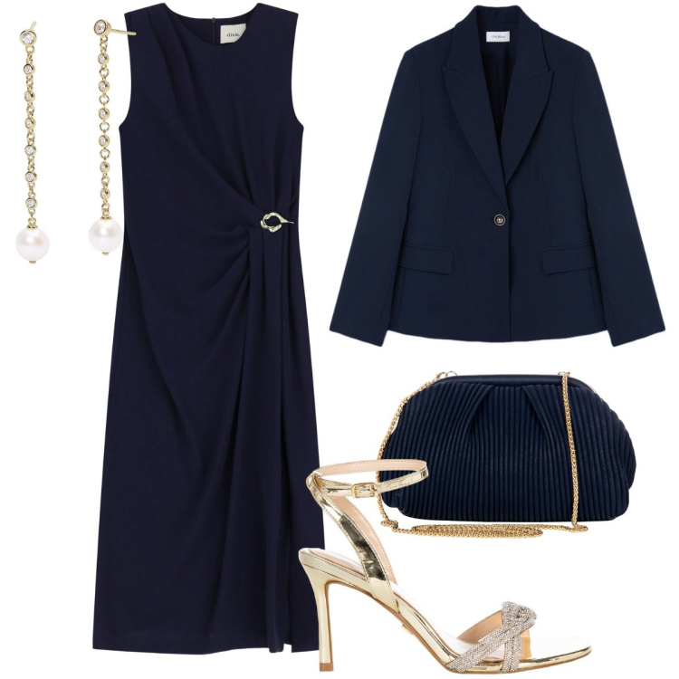 Outfit donna - Elegante blu notte. Stile Chic per Serata fuori. Abbinamento con pochette, sandali col tacco, orecchini, vestiti midi/longuette, blazer.