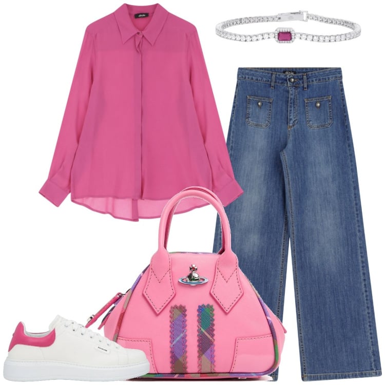 Outfit donna - Total look #2118183. Stile Sporty chic per Tutti i giorni. Abbinamento con sneakers, braccialetti, camicie, jeans, borse a mano.