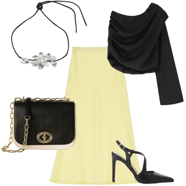 Outfit donna - Blusa asimmetrica e gonna longuette. Stile Glamour per Serata fuori. Abbinamento con gonne longuette, bluse, décolleté, collane, borse a tracolla.