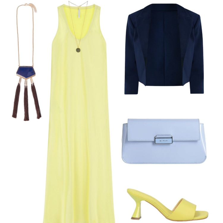 Outfit donna - L\'abito lungo giallo canarino. Stile Chic per Serata fuori. Abbinamento con borse a mano, sandali in pelle, blazer, vestiti lunghi, ciondoli.