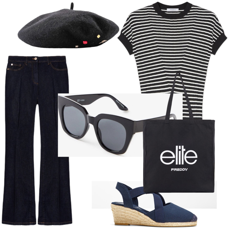Outfit donna - A Saint Tropez. Stile Casual chic per Tutti i giorni. Abbinamento con sandali col tacco, cappelli e berretti, occhiali da sole, shopping bag, jeans, maglieria.