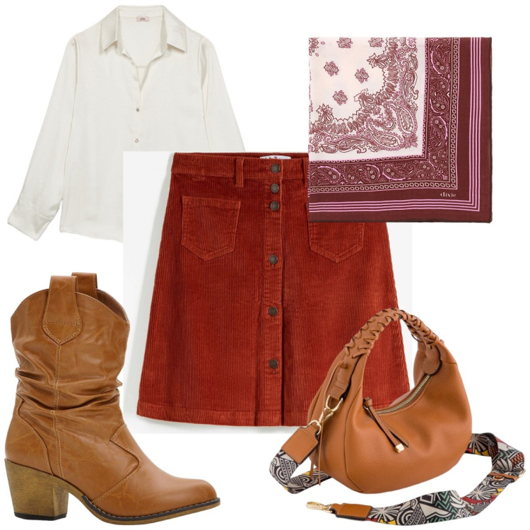 Outfit donna - Total look #2118204. Stile Trendy per Tutti i giorni. Abbinamento con stivaletti texani, gonne, foulard, borse a tracolla, camicie.