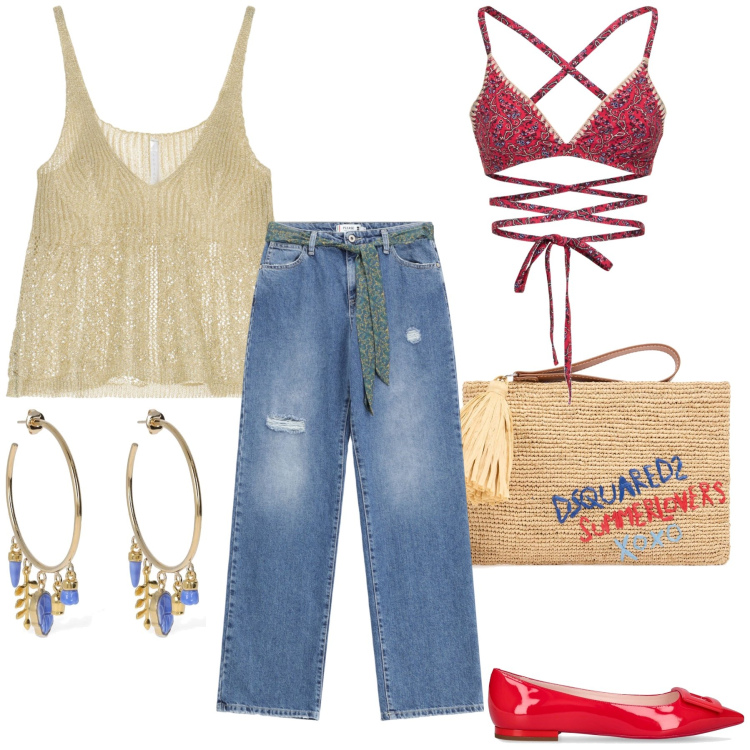 Outfit donna - Cena sul mare. Stile Glamour per Serata fuori. Abbinamento con jeans strappati, top, orecchini, pochette, bikini, ballerine.
