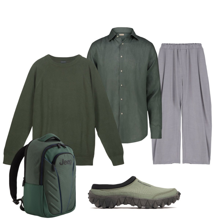 Outfit uomo - Verde bosco. Stile Trendy per Tutti i giorni. Abbinamento con pantaloni, camicie, sneakers, borse sportive, maglieria.