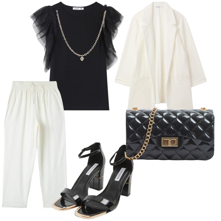Outfit donna - Terranova vacanze. per Serata fuori. Abbinamento con t-shirt, collane, pantaloni, borse a tracolla, sabot, blazer.