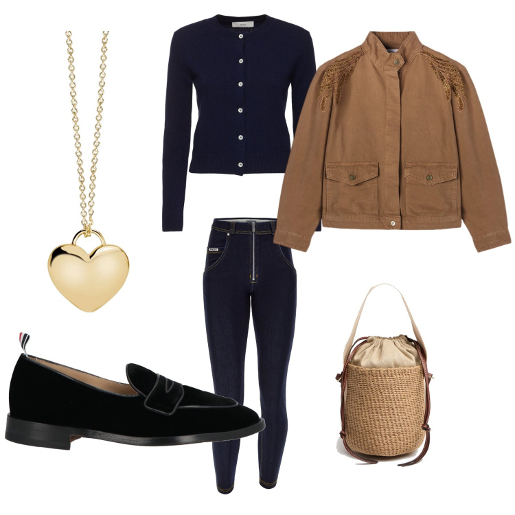 Outfit donna - Total look #2118219. Abbinamento con mocassini, collane, jeans skinny, borse a mano, cardigans, blazer.
