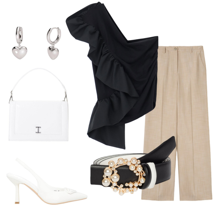 Outfit donna - Total look #2118228. Stile Chic per Serata fuori. Abbinamento con décolleté, orecchini, top, borse a tracolla, cinture, pantaloni a palazzo.