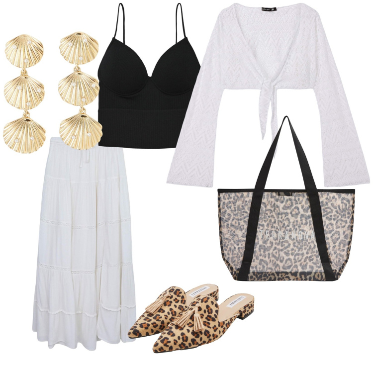 Outfit donna - Terranova vacanze. per Mare. Abbinamento con top, orecchini, sabot, gonne lunghe, bolero, shopping bag.