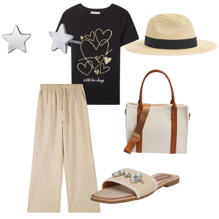 Outfit donna - Terranova vacanze. per Mare. Abbinamento con pantaloni, cappelli, ciabatte, t-shirt, shopping bag, orecchini.