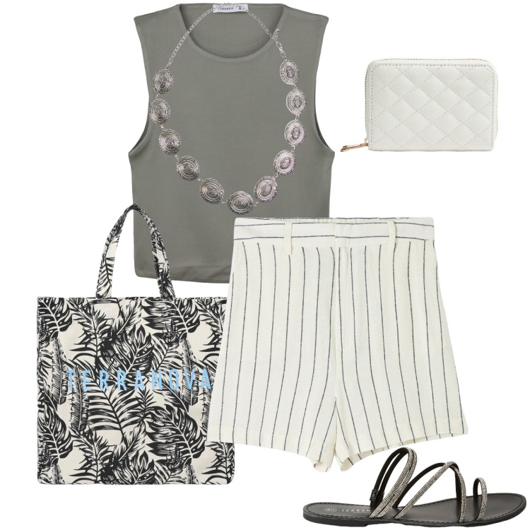 Outfit donna - Terranova - Vacanze italiane. Stile Casual chic per Mare. Abbinamento con bermuda, borse tote, portafogli, cinture, top, sandali.