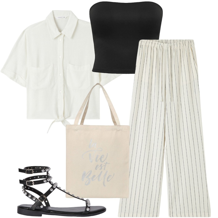 Outfit donna - Il pantalone misto lino. Stile Casual chic per Tutti i giorni. Abbinamento con pantaloni, borse tote, camicie a manica corta, top, sandali.