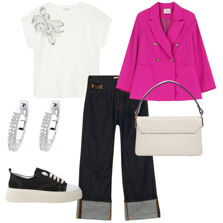 Outfit donna - Una bella giornata. per Tutti i giorni. Abbinamento con orecchini, sneakers, blazer, jeans, t-shirt, borse a tracolla.