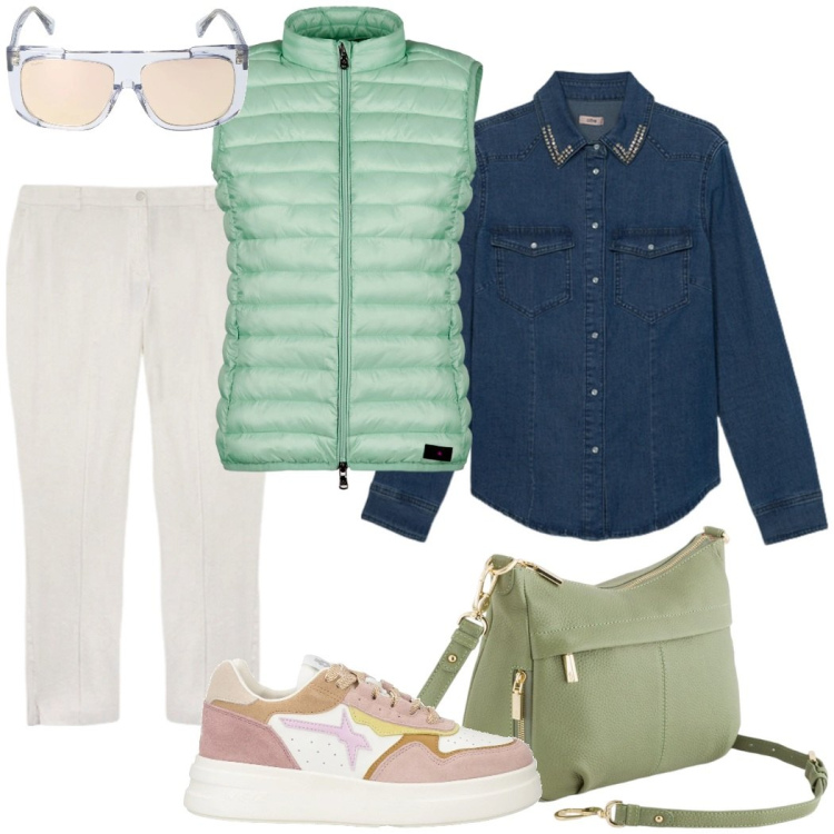 Outfit donna - Weekend fuori città. Stile Casual chic per Tutti i giorni. Abbinamento con sneakers, piumini, pantaloni chino, camicie, occhiali da sole, borse a tracolla.