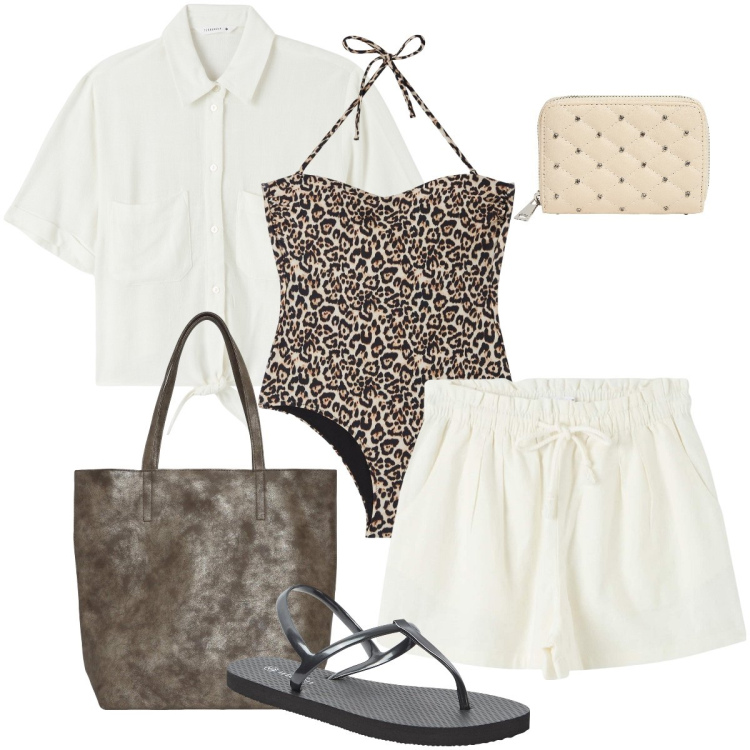Outfit donna - Il completo bianco misto lino. Stile Casual chic per Mare. Abbinamento con costumi interi, sandali, shorts, camicie a manica corta, portafogli, borse tote.