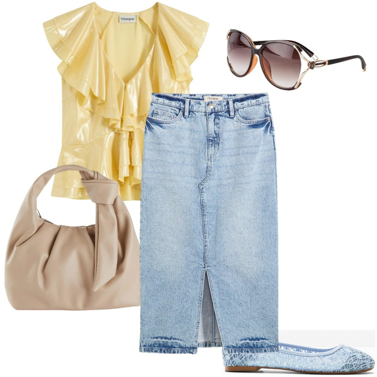 Outfit donna - Il top giallo lurex. Stile Romantica per Tutti i giorni. Abbinamento con ballerine, occhiali da sole, borse a mano, bluse, gonne longuette.