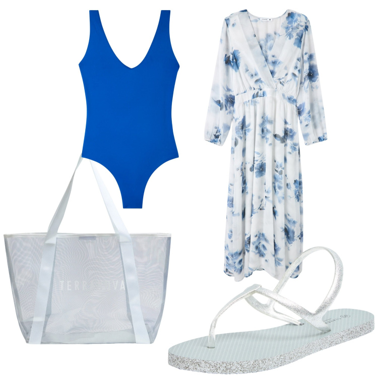 Outfit donna - Fine settimana sulla spiaggia. Stile Casual per Mare. Abbinamento con sandali, vestiti lunghi, shopping bag, costumi interi.