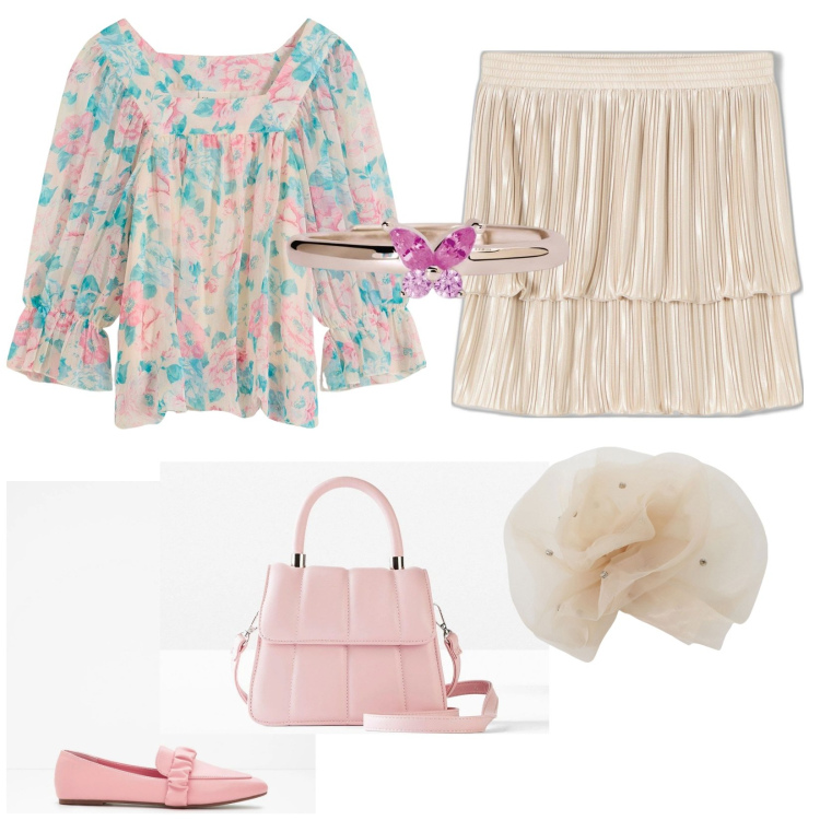 Outfit donna - Burro e rosa. Stile Bon Ton per Cerimonia. Abbinamento con mocassini, bluse, borse a tracolla, minigonne, anelli, foulard.