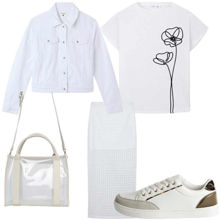 Outfit donna - In visita al museo. Stile Sporty chic per Tutti i giorni. Abbinamento con gonne lunghe, borse tote, sneakers, t-shirt, blazer.