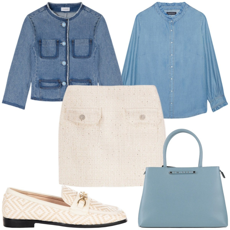 Outfit donna - Total look #2118299. Stile Preppy per Tutti i giorni. Abbinamento con borse a mano, mocassini, camicie, blazer, minigonne.