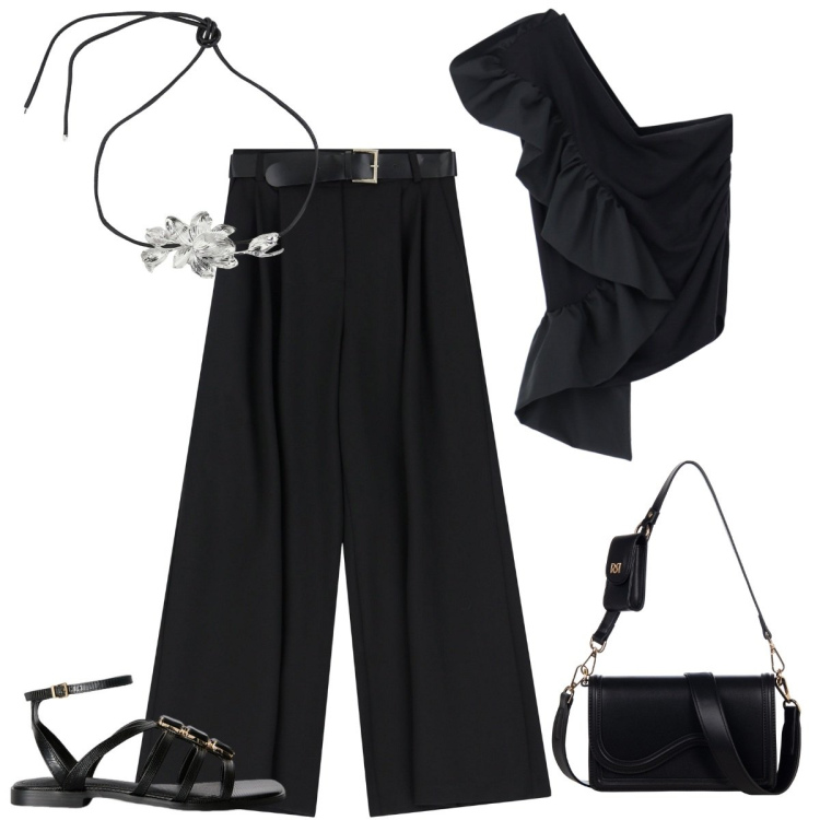 Outfit donna - Il top asimmetrico. Stile Glamour per Serata fuori. Abbinamento con top, pantaloni a palazzo, collane, pochette, sandali gioiello.