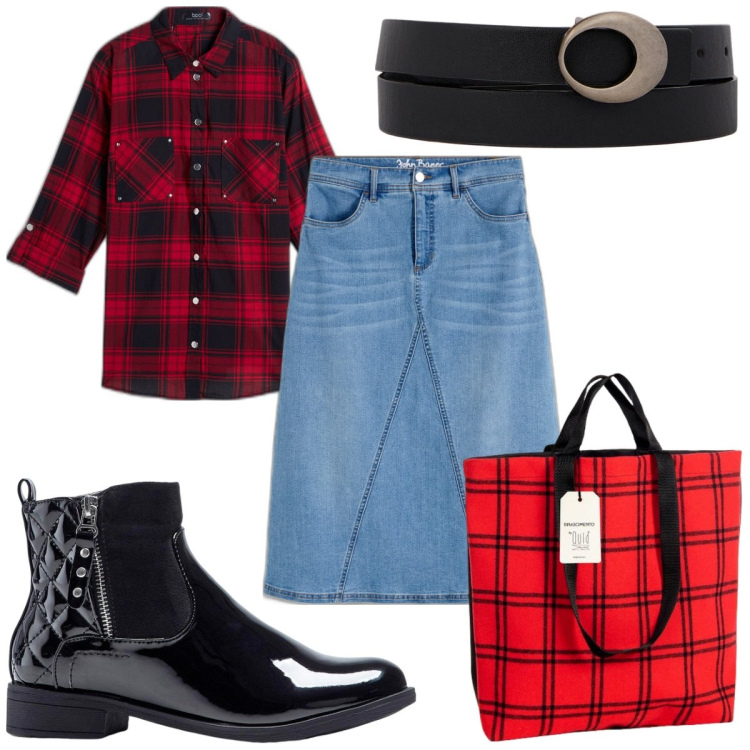 Outfit donna - Total look #2118308. Stile Trendy per Tutti i giorni. Abbinamento con gonne, camicie, stivaletti, borse tote, cinture.