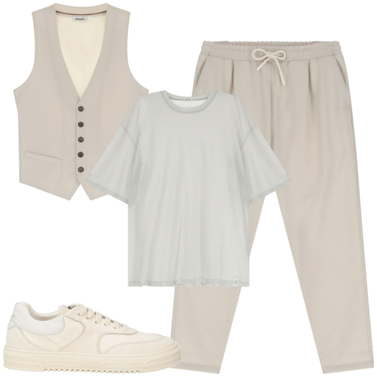 Outfit uomo - City. Stile Trendy per Tutti i giorni. Abbinamento con sneakers, t-shirt, pantaloni, gilet.