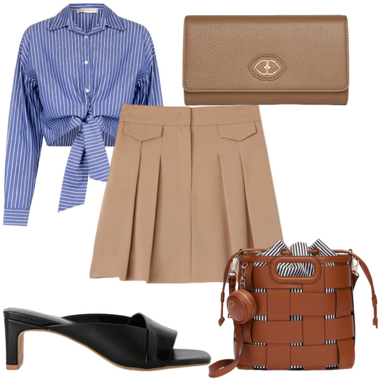 Outfit donna - Total look #2118312. Stile Trendy per Tutti i giorni. Abbinamento con camicie, sabot, borse a secchiello, gonne, portafogli.