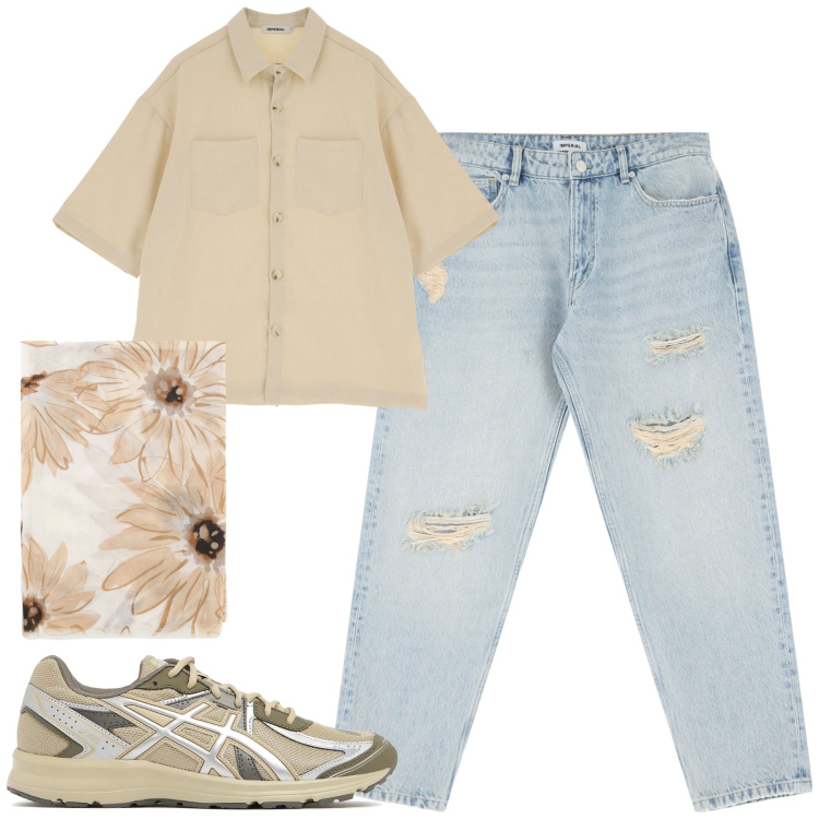Outfit uomo - City. Stile Casual per Tutti i giorni. Abbinamento con jeans strappati, camicie a manica corta, sciarpe e foulard, sneakers.