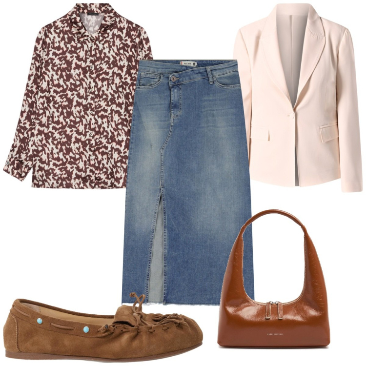 Outfit donna - Total look #2118316. Stile Trendy per Tutti i giorni. Abbinamento con blazer, gonne longuette, mocassini, camicie, borse a spalla.