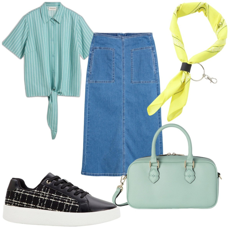 Outfit donna - Total look #2118317. Stile Trendy per Tutti i giorni. Abbinamento con camicie a manica corta, gonne longuette, sneakers, foulard, borse a mano.