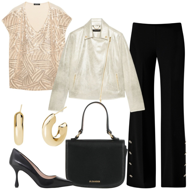 Outfit donna - A cena fuori. Stile Glamour per Serata fuori. Abbinamento con borse a mano, orecchini, pantaloni a palazzo, décolleté, t-shirt, blazer.