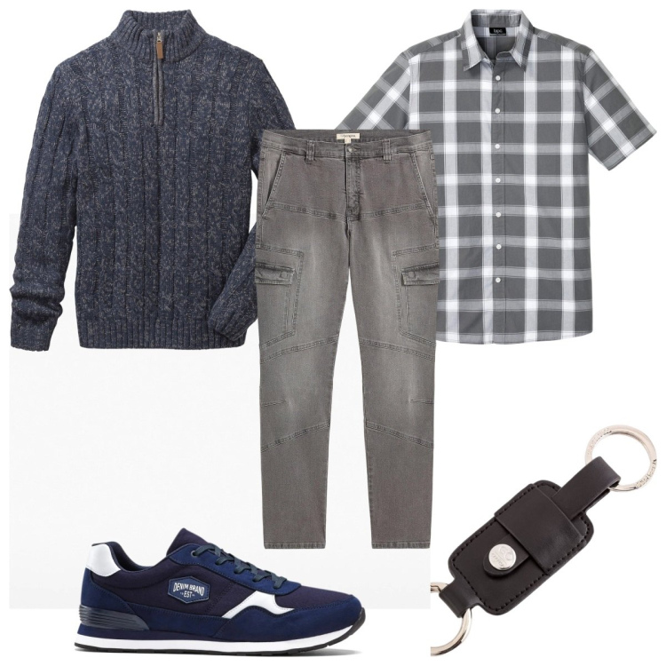 Outfit uomo - Total look #2118335. Stile Trendy per Tutti i giorni. Abbinamento con maglieria, sneakers, camicie a manica corta, jeans dritti, portachiavi.