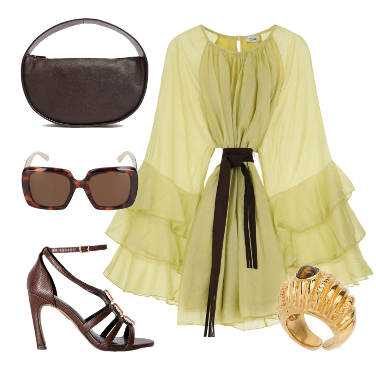 Outfit donna - Una donna di tendenza. Stile Glamour per Serata fuori. Abbinamento con vestiti corti, sandali gioiello, occhiali da sole, borse a spalla, anelli.