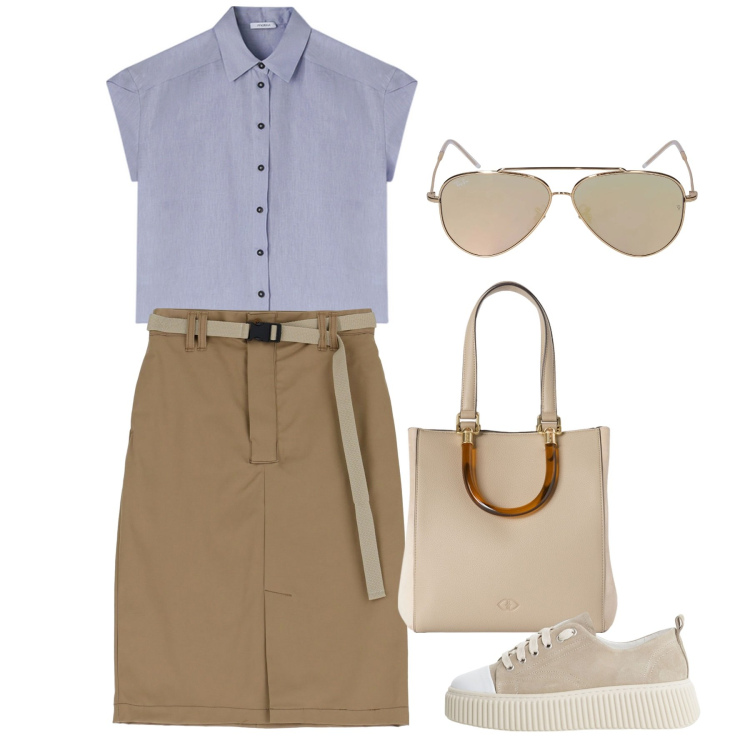 Outfit donna - Dinamica. Stile Bon Ton per Tutti i giorni. Abbinamento con gonne, sneakers, occhiali da sole, shopping bag, camicie a manica corta.