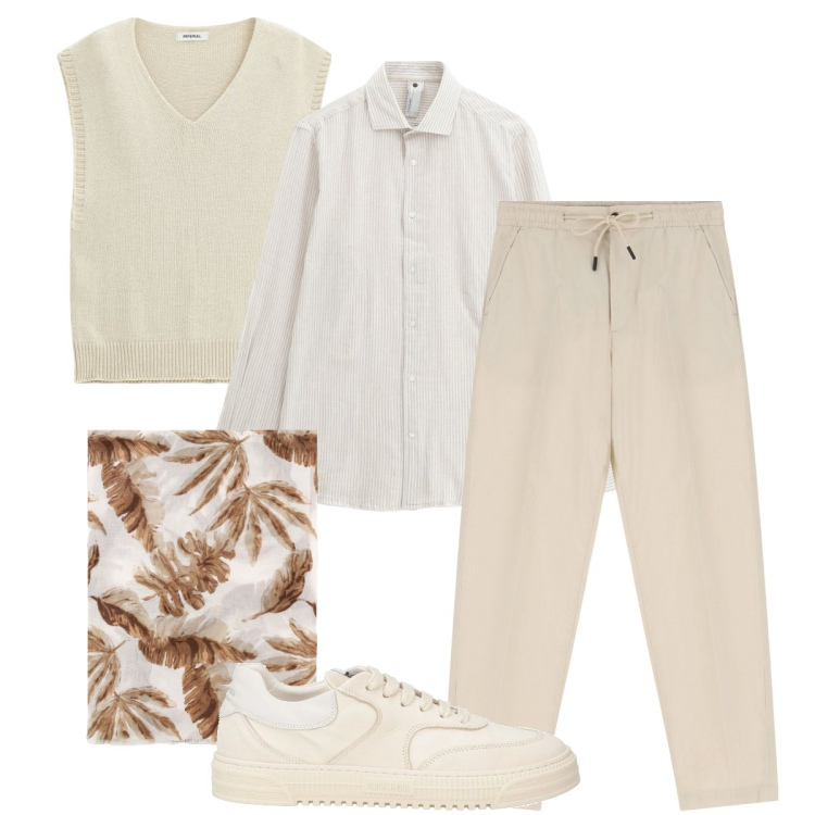 Outfit uomo - Tonalità burro. Stile Trendy per Ufficio. Abbinamento con sneakers, pantaloni chino, camicie, maglieria, sciarpe e foulard.