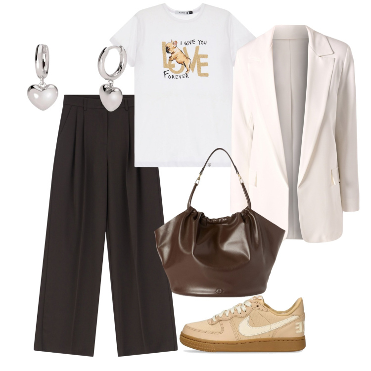 Outfit donna - Moka e bianco. Stile Basic per Tutti i giorni. Abbinamento con pantaloni, orecchini, blazer, t-shirt, sneakers, borse a secchiello.