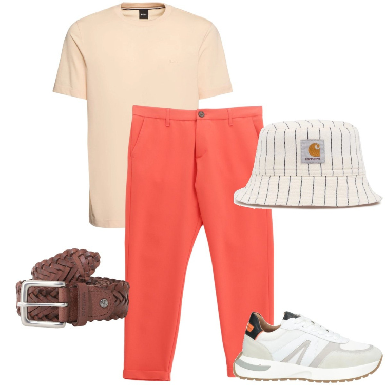 Outfit uomo - Tonalità vivaci. Stile Casual per Tutti i giorni. Abbinamento con sneakers, cinture, pantaloni, cappelli, t-shirt.