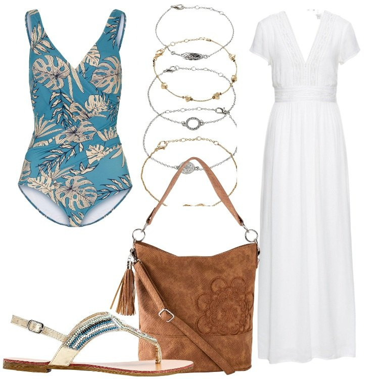 Outfit donna - Soffio boho. Stile Boho per Mare. Abbinamento con vestiti lunghi, borse a mano, braccialetti con ciondoli, ciabatte, costumi interi.