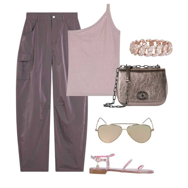Outfit donna - Primi caldi. Stile Glamour per Mare. Abbinamento con sandali, anelli, top, pantaloni cargo, occhiali da sole, borse a tracolla.