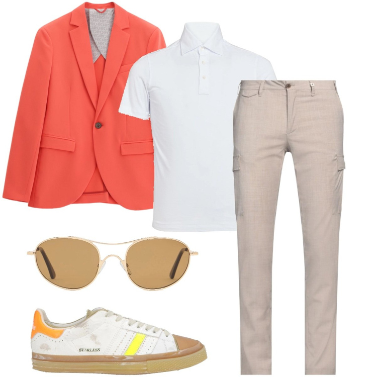 Outfit uomo - La giacca arancione. Stile Trendy per Cerimonia. Abbinamento con pantaloni cargo, polo, sneakers, giacche, occhiali da sole.
