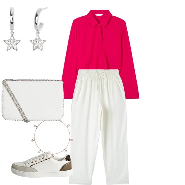 Outfit donna - libertà. Stile Casual chic per Tutti i giorni. Abbinamento con pantaloni, bluse, sneakers, borse a tracolla, orecchini, braccialetti.