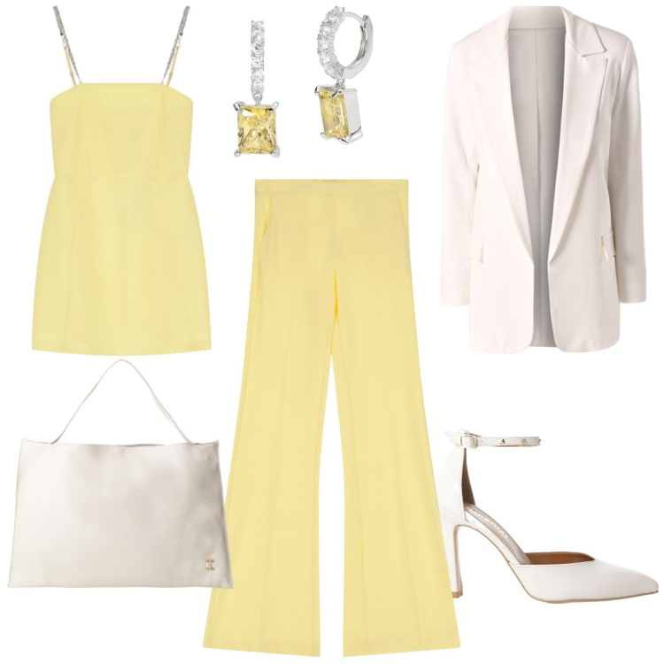 Outfit donna - Giallo burro. Stile Chic per Cerimonia. Abbinamento con pantaloni, décolleté, vestiti corti, borse a spalla, orecchini, blazer.