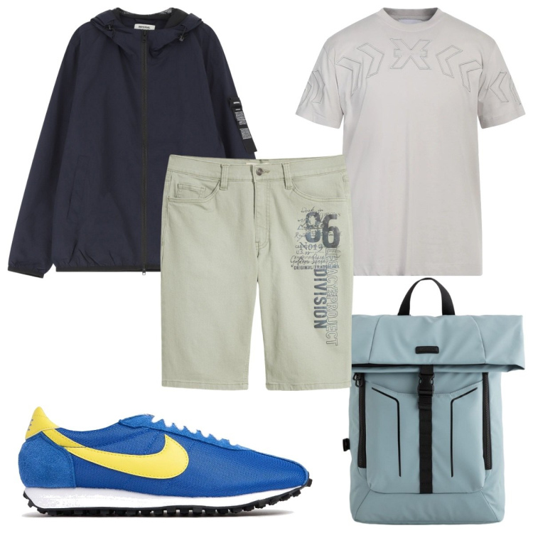 Outfit uomo - Total look #2118368. Stile Trendy per Tutti i giorni. Abbinamento con bermuda, t-shirt, giacche, sneakers, borse sportive.