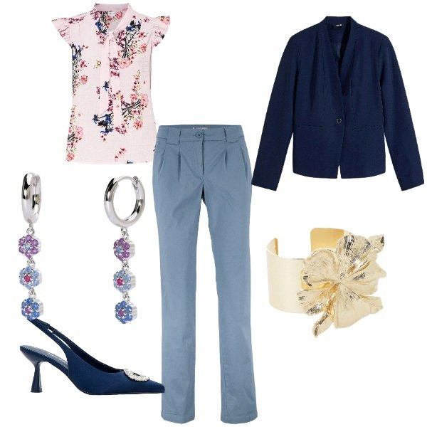 Outfit donna - particolare. Stile Romantica per Cerimonia. Abbinamento con bluse, pantaloni chino, blazer, décolleté, orecchini, braccialetti.