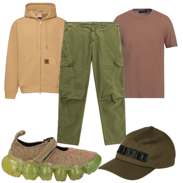 Outfit uomo - Total look #2118373. Stile Trendy per Tutti i giorni. Abbinamento con cappelli con visiera, t-shirt, sneakers, pantaloni cargo, felpe con cappuccio.