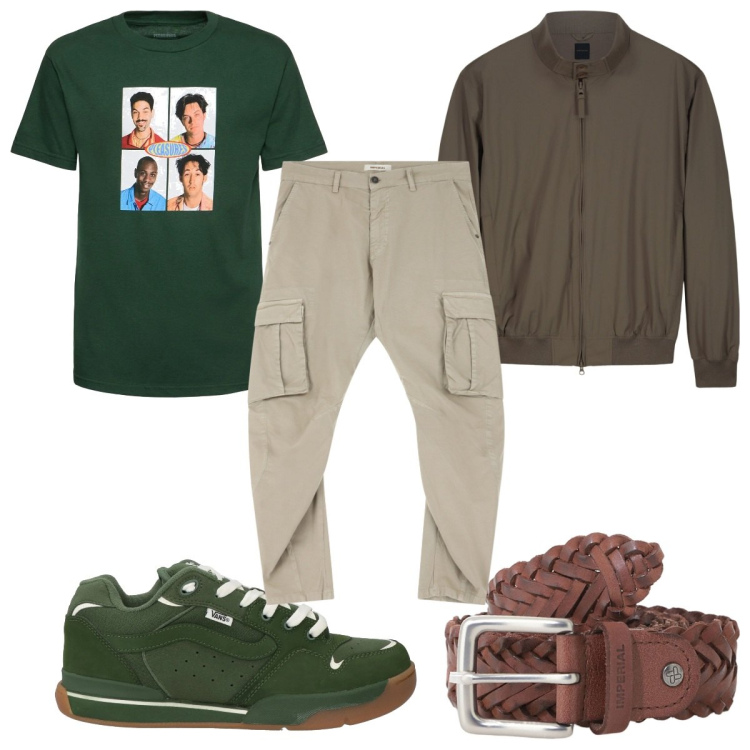 Outfit uomo - Total look #2118375. Stile Trendy per Tutti i giorni. Abbinamento con sneakers, cinture, pantaloni cargo, t-shirt, bomber.